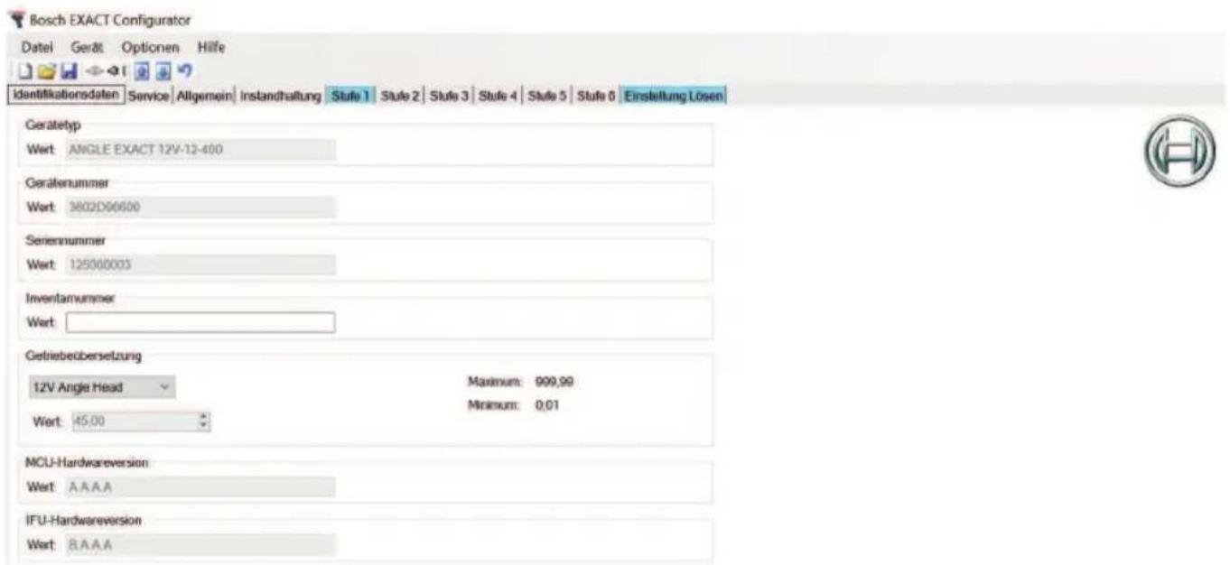 BOSCH EXACT Configurator - Registerkarte Identifikationsdaten - 1