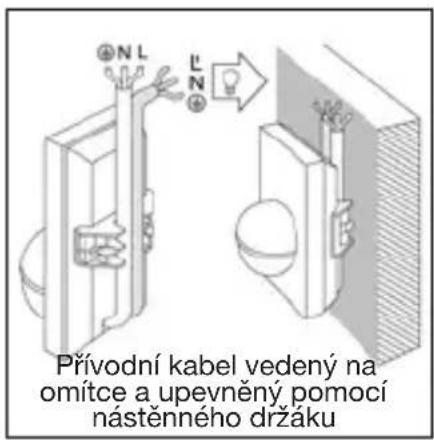 Přívodní kabel vedený na omítce a upevněný pomocí nástěnného držáku