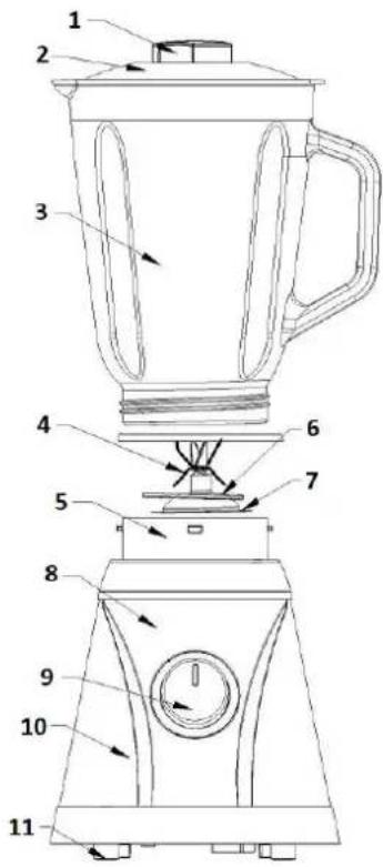 Technical diagram of a blender with numbered parts for identification and assembly reference