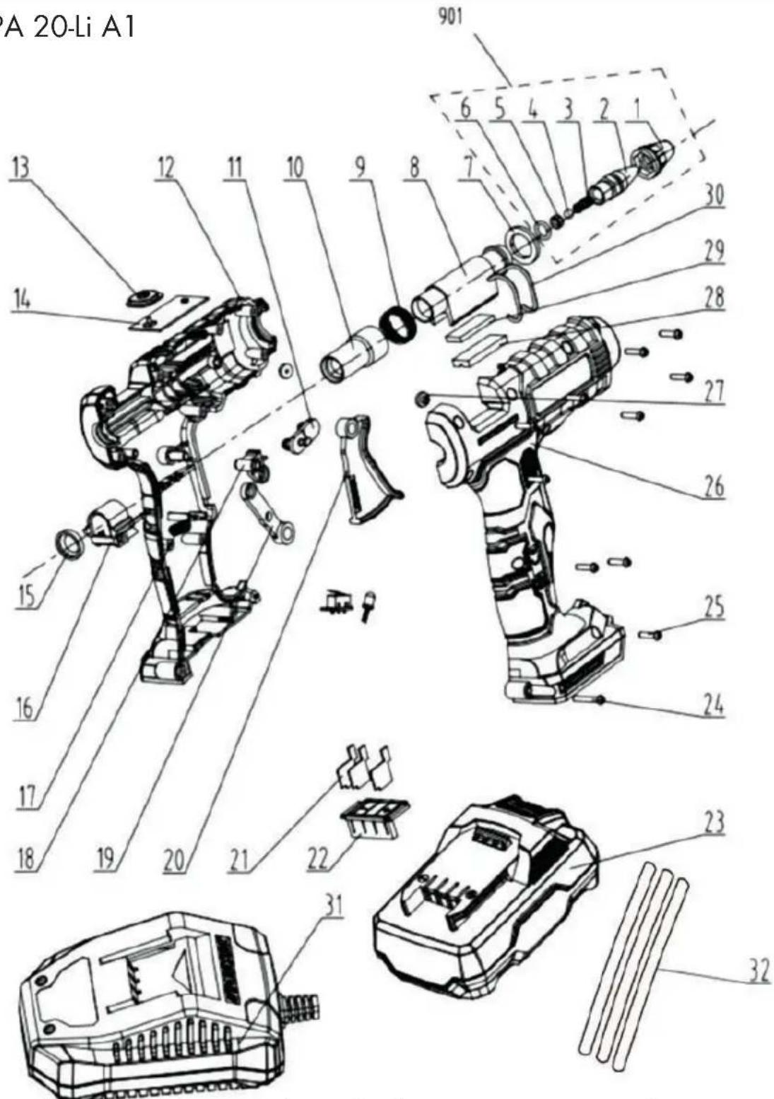PARKSIDE PHPA 20Li A1 - Explosionszeichnung • Exploded Drawing Vue éclatée • Explosietekening • Vykres sestaveni Rysunek samorozwiijajacy • Nákresy explózii - 1
