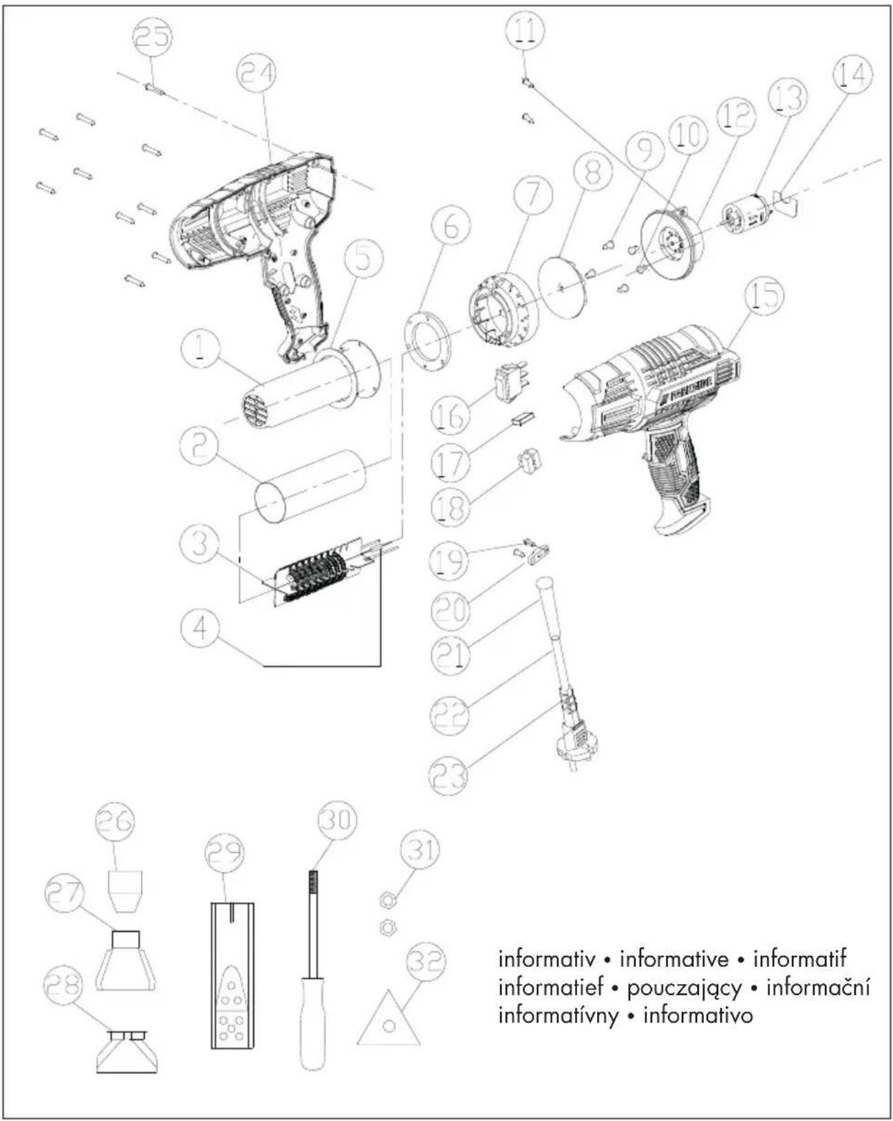 PARKSIDE PHLG 2000 E4 - Explosionszeichnung • Exploded Drawing Vue éclatée • Explosietekening • Výkres sestavení Výkres náhradných dielov • Rysunki eksplozyjne Plano de explosión • Eksplosionstegning - 1
