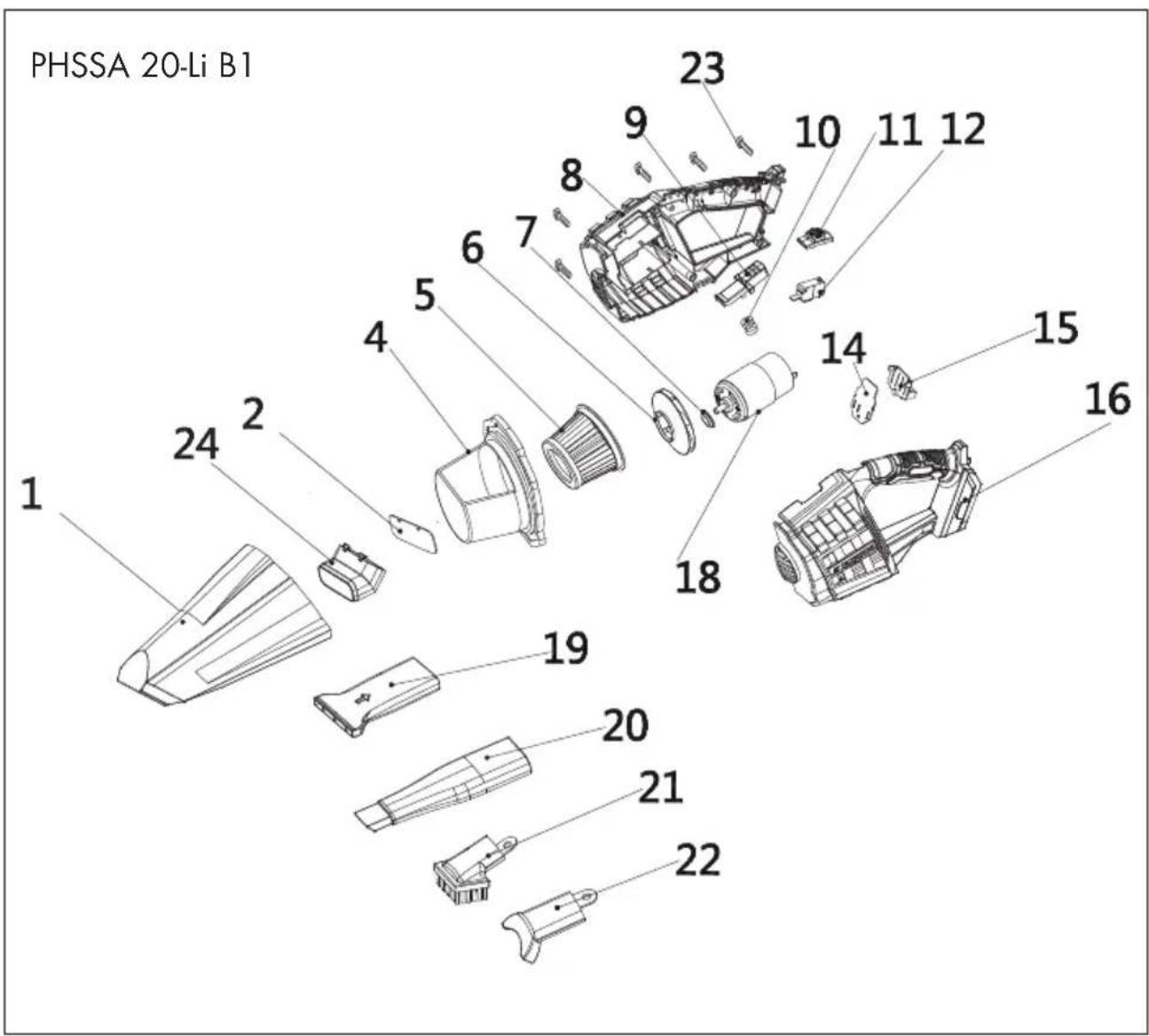 PARKSIDE PHSSA 20Li B1 - Explosionszeichnung • Exploded Drawing Vue éclatée • Explosietekening • Výkres sestavení Rysunek samorozwijający • Nákresy explózií Eksplosionstegning • Plano de explosión - 1
