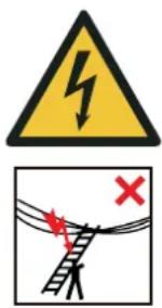 Safety warning sign showing lightning bolt symbol above a ladder and red 'X' indicating failure or hazard
