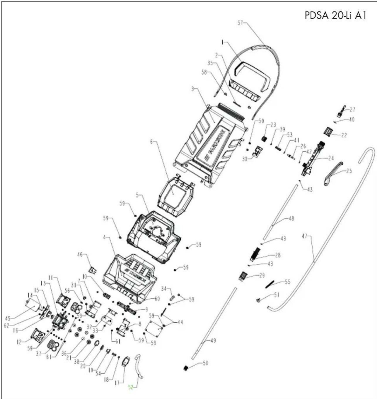 PARKSIDE PDSA 20Li A1 - Explosionszeichnung • Exploded Drawing Vue éclatée • Explosietekening • Výkres sestavení Rysunek samorozwijający • Nákresy explózií Eksplosionstegning • Plano de explosión - 1