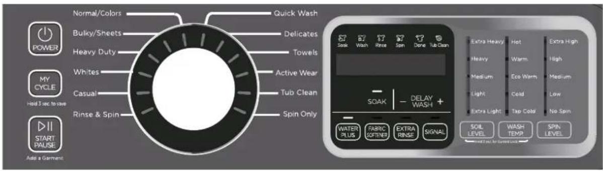 Normal/Colors Quick Wash Bulky/Sheets Delicates Power Heavy Duty Towels My CYCLE Active Wear Hold 3 sec to save Casual Tub Clean Rinse & Spin Spin Only START PAUSE Add a Garment SOAK - DELAY WASH + Water PLUS FABRIC SOFTENER EXTRA RINSE SIGNAL Extra Heavy Hot Extra High Heavy Warm High Medium Eco Warm Medium Light Cold Low Extra Light Tap Cold No Spin SOIL LEVEL WASH TEMP SPIN LEVEL