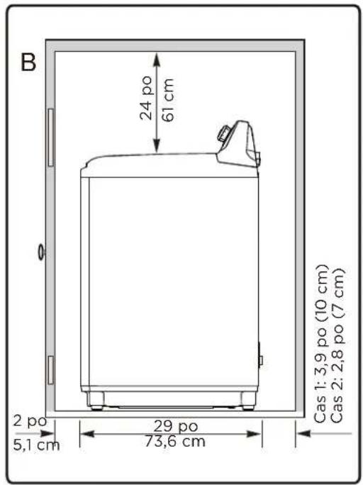 B 24 po 61 cm 2 po 5,1 cm 29 po 73,6 cm Cas 1: 3,9 po (10 cm) Cas 2: 2,8 po (7 cm)