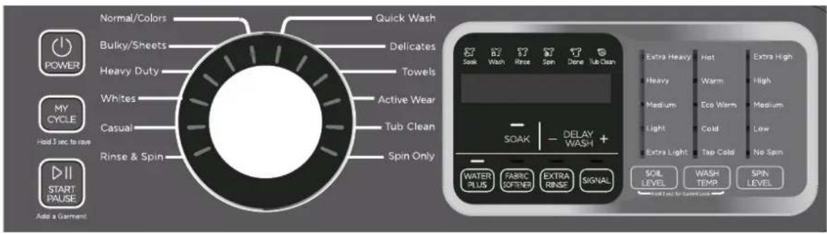 Normal/Colors Quick Wash Bulky/Sheets Delicates Power Heavy Duty Towels My CYCLE Active Wear Had 3 sec to save Casual Tub Clean Rinse & Spin Spin Only START PAUSE Add a Garment SOAK - DELAY WASH + WATER PLUS FABRIC SOFTENER EXTRA RINSE SIGNAL Extra Heavy Hot Extra High Heavy Warm High Medium Eco Warm Medium Light Cold Low Extra Light Tap Cold No Spin SOIL LEVEL WASH TEMP. SPIN LEVEL