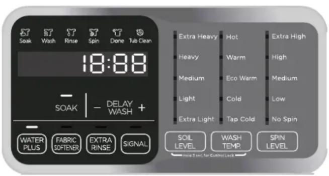 Soak Wash Rinse Spin Done Tub Clean 18:88 SOAK | - DELAY WASH + WATER PLUS FABRIC SOFTENER EXTRA RINSE SIGNAL Extra Heavy Hot Extra High Heavy Warm High Medium Eco Warm Medium Light Cold Low Extra Light Tap Cold No Spin SOIL WASH SPIN LEVEL TEMP LEVEL How Yes for Control Lock