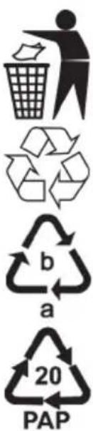 Image showing five recycling symbols: a person sorting a bin, a recycling cycle, a recycling triangle labeled 'b', a triangle labeled 'a', and a triangular recycling symbol labeled '20' with 'PAP'.