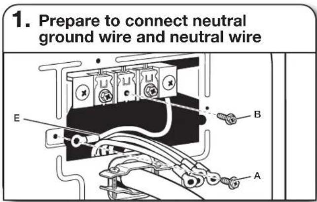 1. Prepare to connect neutral ground wire and neutral wire E B A