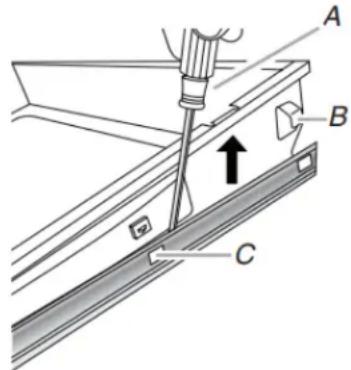 Technical diagram showing a mechanical assembly with labeled parts A, B, and C, including a directional arrow indicating motion or force.