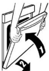 Diagram showing a person holding a tool with two arrows labeled 1 and 2 indicating direction or movement.