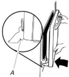 Technical diagram showing a mechanical assembly with labeled component A and an inset view of a tool or part.