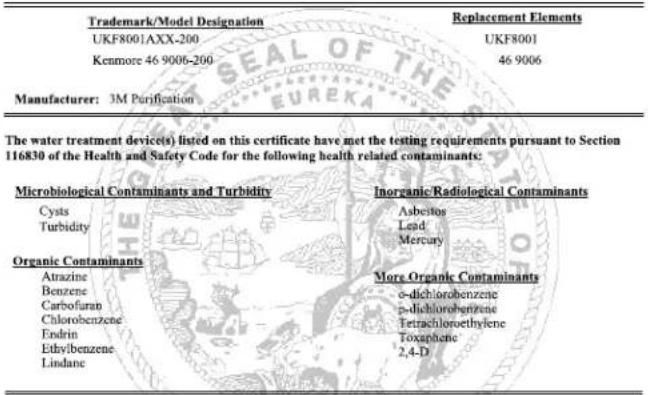WHIRLPOOL WRB119WFBB - WATER FILTER CERTIFICATIONS - 2