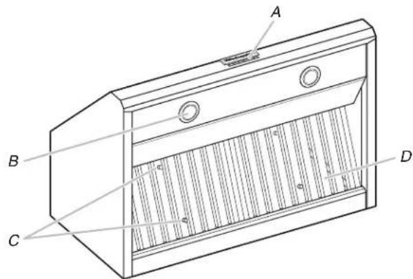 Technical diagram of a cabinet or enclosure with labeled components A, B, C, and D, showing internal structure and measurement lines.