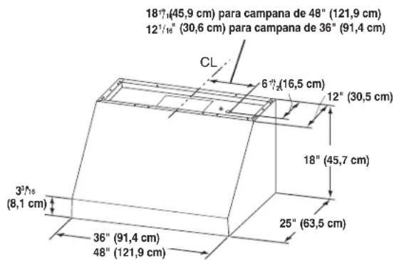 18½(45,9 cm) para campana de 48" (121,9 cm) 12½(30,6 cm) para campana de 36" (91,4 cm) CL 6½(16,5 cm) 12" (30,5 cm) 18" (45,7 cm) 25" (63,5 cm) 3½(8,1 cm) 36" (91,4 cm) 48" (121,9 cm)
