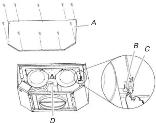 Technical diagram showing a mechanical assembly with labeled components A, B, C, and D, including a magnified inset view.