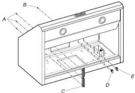 Technical diagram of a cabinet with labeled components A, B, C, D, and E, showing internal structure and airflow direction.