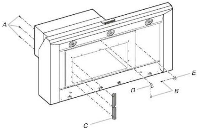 Technical diagram of a mechanical component with labeled parts A, B, C, D, E and internal features