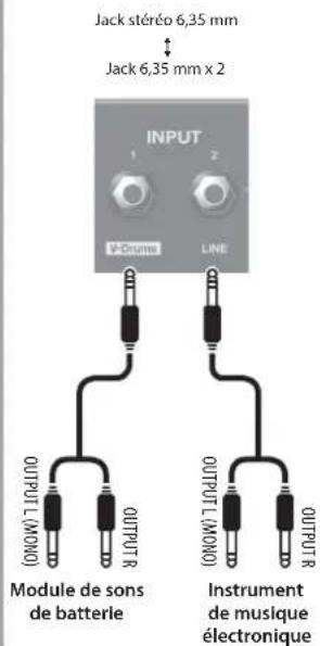 Jack stéréo 6,35 mm Jack 6,35 mm x 2 INPUT 1 2 Drums LINE OUTPUT L (MOMO) OUTPUT R Module de sons de batterie OUTPUT L (MOMO) OUTPUT R Instrument de musique électronique