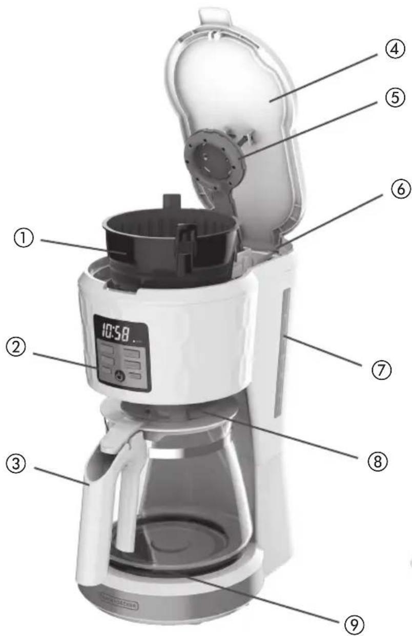 Labeled diagram of a coffee maker with numbered parts for identification and assembly reference.