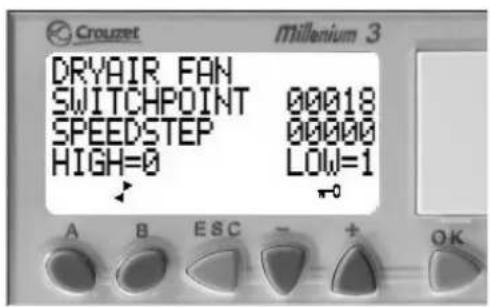 Crouzet Millenium 3 DRYAIR FAN SWITCHPOINT 00018 SPEEDSTEP 00000 HIGH=0 LOW=1 A B ESC - + OK