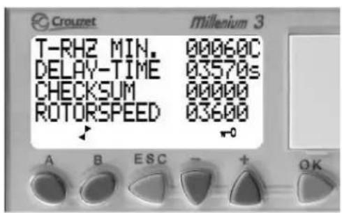 Crouzet Millenium 3 T-RHZ MIN. 00060C DELAY-TIME 03570s CHECKSUM 00000 ROTORSPEED 03600 A B ESC + OK