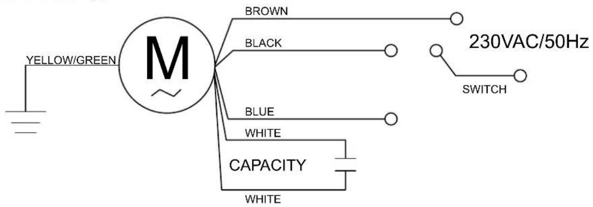 YELLOW/GREEN M BROWN BLACK BLUE WHITE CAPACITY WHITE 230VAC/50Hz SWITCH