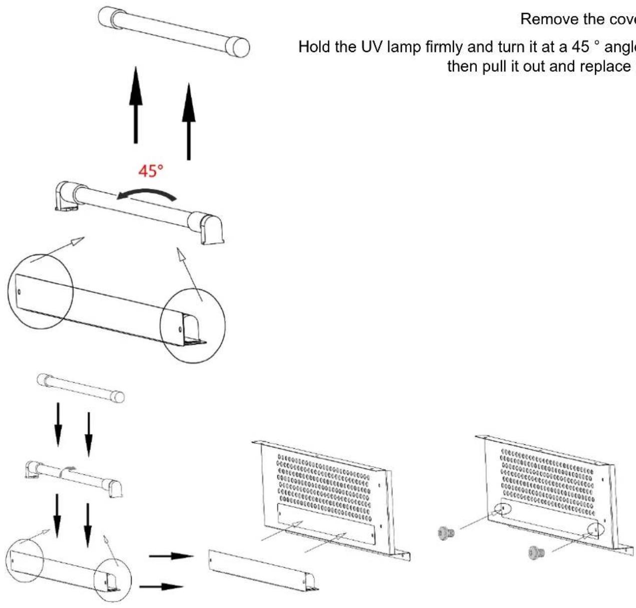 Remove the cover Hold the UV lamp firmly and turn it at a 45° angle then pull it out and replace it 45°