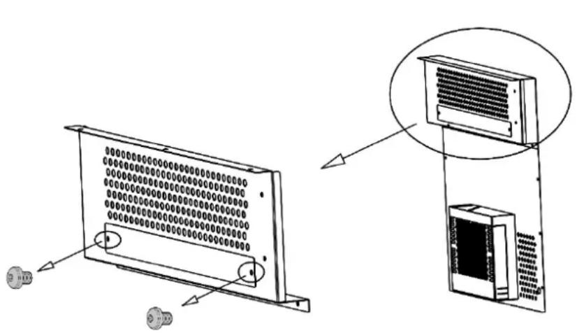 Technical diagram showing a rack-mounted device with labeled ports and an inset view of its internal structure.