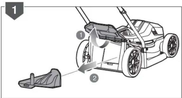 Diagram showing a lawn mower with labeled parts and motion arrows, including part 1 and part 2.