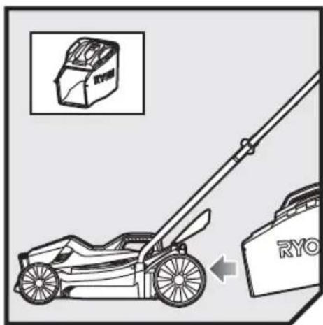 Diagram showing a lawn mower with an inset image of a box labeled 'RYO' and a directional arrow indicating motion.