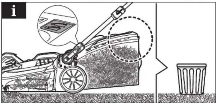 Diagram illustrating a lawn mower with a magnified inset showing the blade and blade alignment, alongside a trash bin illustration.