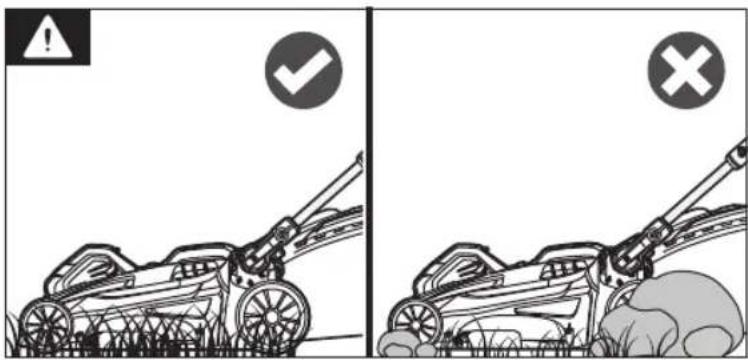 Diagram comparing two types of lawn lawn equipment, one marked with a checkmark and the other with an 'X' symbol, both showing incorrect safety warning.