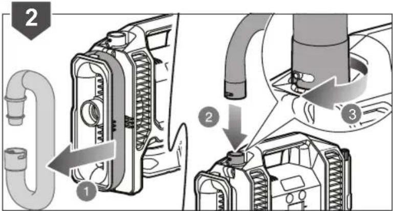 Diagram illustrating three-step installation of a car engine component with labeled parts and directional arrows.