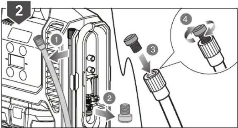 Diagram showing a mechanical assembly with labeled parts and a magnified view of the connector being threaded.