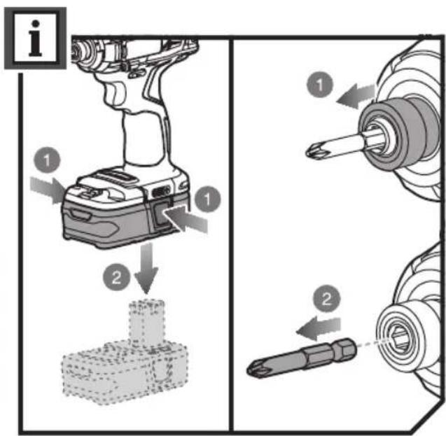 Technical diagram showing mechanical assembly steps with numbered instructions for tool manipulation