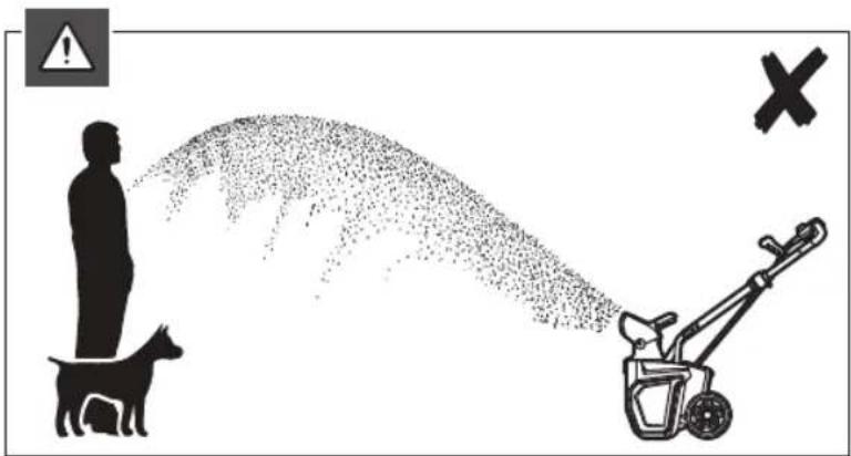 Safety warning illustration showing a person standing on a dog receiving a plow with particles, and a cross symbol indicating failure.