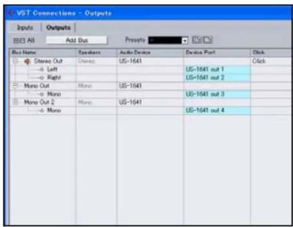 VST Connections - Outputs Inputs | Outputs | B/E All Add Bus Prospts Bus Name Speakers Audio Device Device Port Click Stereo Out Stereo US-1641 o Left US-1641 out 1 o Right US-1641 out 2 Mono Out Mono US-1641 o Mono US-1641 out 3 Mono Out 2 Mono US-1641 o Mono US-1641 out 4