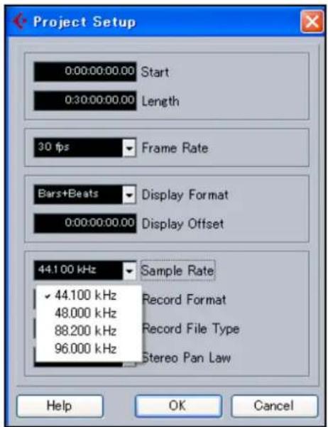 Project Setup 0:00:00:00.00 Start 0:30:00:00.00 Length 30 fps Frame Rate Bars+Beats Display Format 0:00:00:00.00 Display Offset 44.100 kHz Sample Rate ✓ 44.100 kHz Record Format 48.000 kHz Record File Type 88.200 kHz Stereo Pan Law 96.000 kHz Help OK Cancel