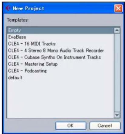 New Project Templates: Empty EvaBase CLE4 - 16 MIDI Tracks CLE4 - 4 Stereo 8 Mono Audio Track Recorder CLE4 - Cubase Synths On Instrument Tracks CLE4 - Mastering Setup CLE4 - Podcasting default OK Cancel