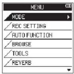 MENU MODE /REC SETTING /AUTO FUNCTION /BROWSE TOOLS /REVERB