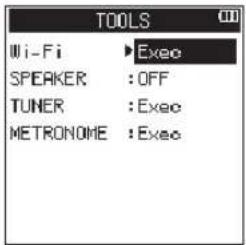 TOOLS Wi-Fi ▶ Exec SPEAKER : OFF TUNER : Exec METRONOME : Exec