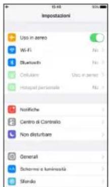Impostazioni Uso in aereo WiFi Bluetooth Cellulare Uso in aereo Hotspot personale Notifiche Centro di Controllo Non disturbare Generati Schome o luminostà Skindu