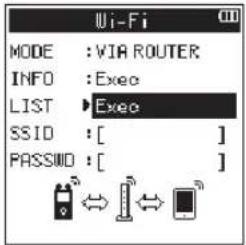 Wi-Fi MODE : VIA ROUTER INFO : Execo LIST : Execo SSID : [ ] PASSMD : [ ]