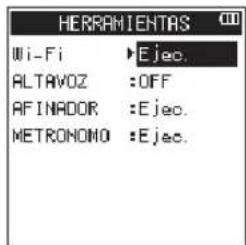 HERRAMIENTAS Wi-Fi ▶ Ejec. ALTAVOZ :OFF AFINADOR :Ejec. METRONOMO :Ejec.