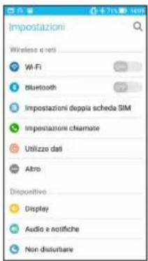 Impostazioni Wireless e seti Wi-Fi Bluetooth Impostazioni dogpia scheda SIM Impostazioni chiamate Utilizzo dati Altro Dispositivo Display Audio e notifiche Non disturbare