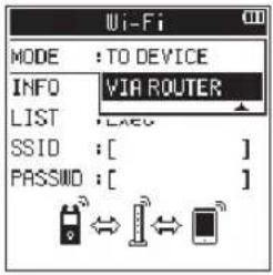 Wi-Fi MODE : TO DEVICE INFO VIA ROUTER LIST : LACD SSID : [ ] PASSMD : [ ]
