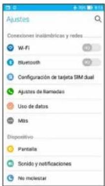 Ajustes Conexiones inalámbricos y redes Wi-Fi Bluetooth Configuración de tarjeta SIM dual Ajustes de llamadas Uso de datos Más Dispositivo Pantalla Sonido y notificaciones No molestar