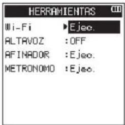 HERRAMIENTAS Wi-Fi ▶ Ejec. ALTRAVOZ :OFF AFINADOR :Ejec. METRONOMO :Ejec.